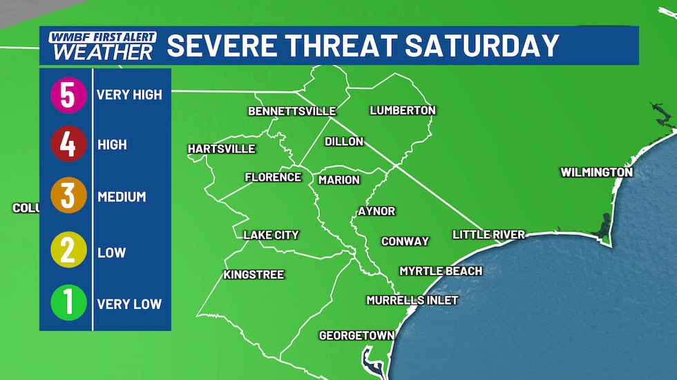 We're under a LEVEL 1 threat for Saturday with the chance of a strong storm or two.