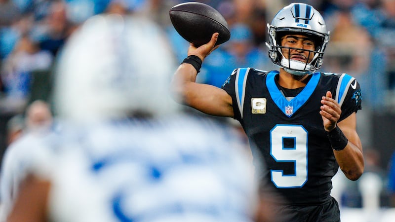 Carolina Panthers quarterback Bryce Young against the Indianapolis Colts during the first half...