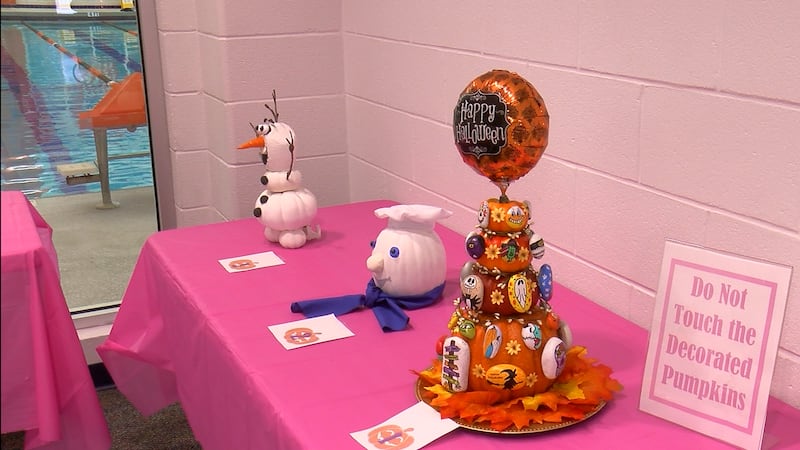 Painted pumpkins are set up in the lobby of the North Myrtle Beach Aquatic & Fitness Center....