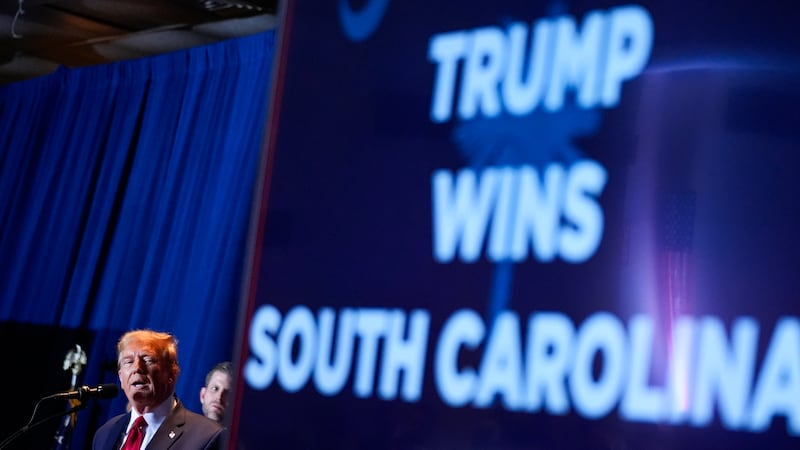 Republican presidential candidate former President Donald Trump speaks at a primary election...
