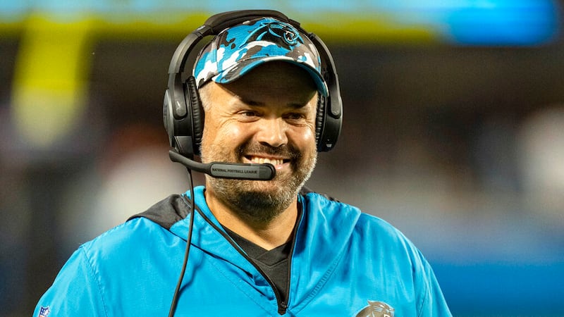 FILE - Carolina Panthers head coach Matt Rhule looks on during an NFL preseason football game...