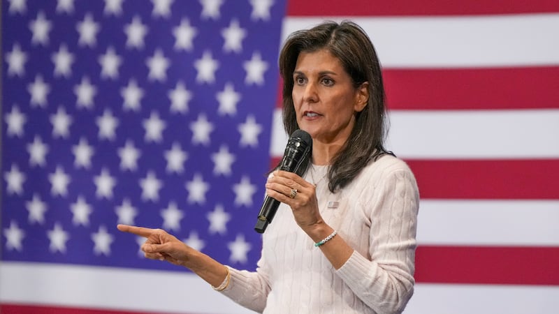 Republican presidential candidate former UN Ambassador Nikki Haley speaks at a campaign event...