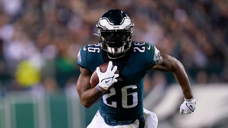 Philadelphia Eagles running back Miles Sanders in action during an NFL football game, Sunday,...