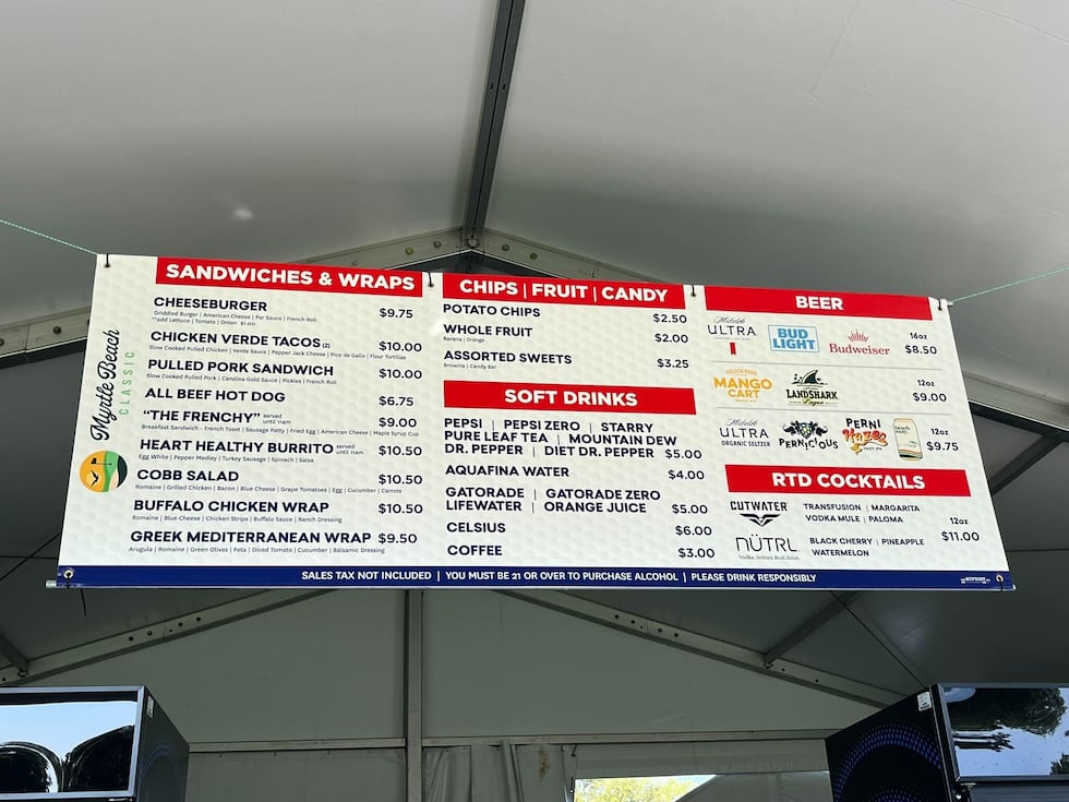 A look at the food menu for spectators at the Myrtle Beach Classic.