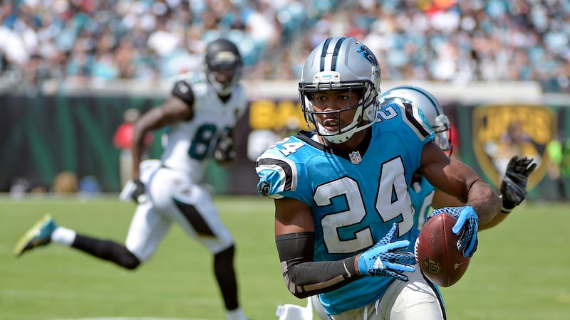 FILE - In this Sept. 13, 2015, file photo, Carolina Panthers cornerback Josh Norman (24) runs...