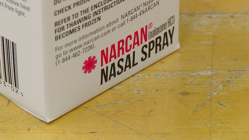 A box containing two four-milligram doses of Narcan, an opioid overdose reversal medication.