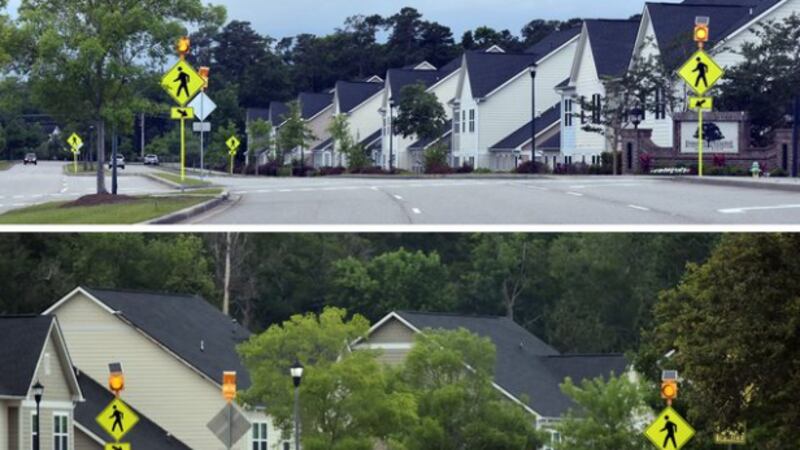 Coventry Blvd safety lights, signs