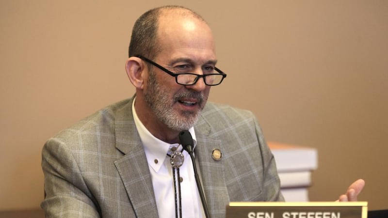 Kansas state Sen. Mark Steffen, R-Hutchinson, speaks in favor of proposals on COVID-19 and...